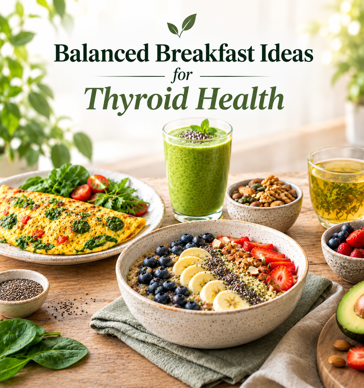 Balanced breakfast plate with eggs, fruits, yogurt and whole grains