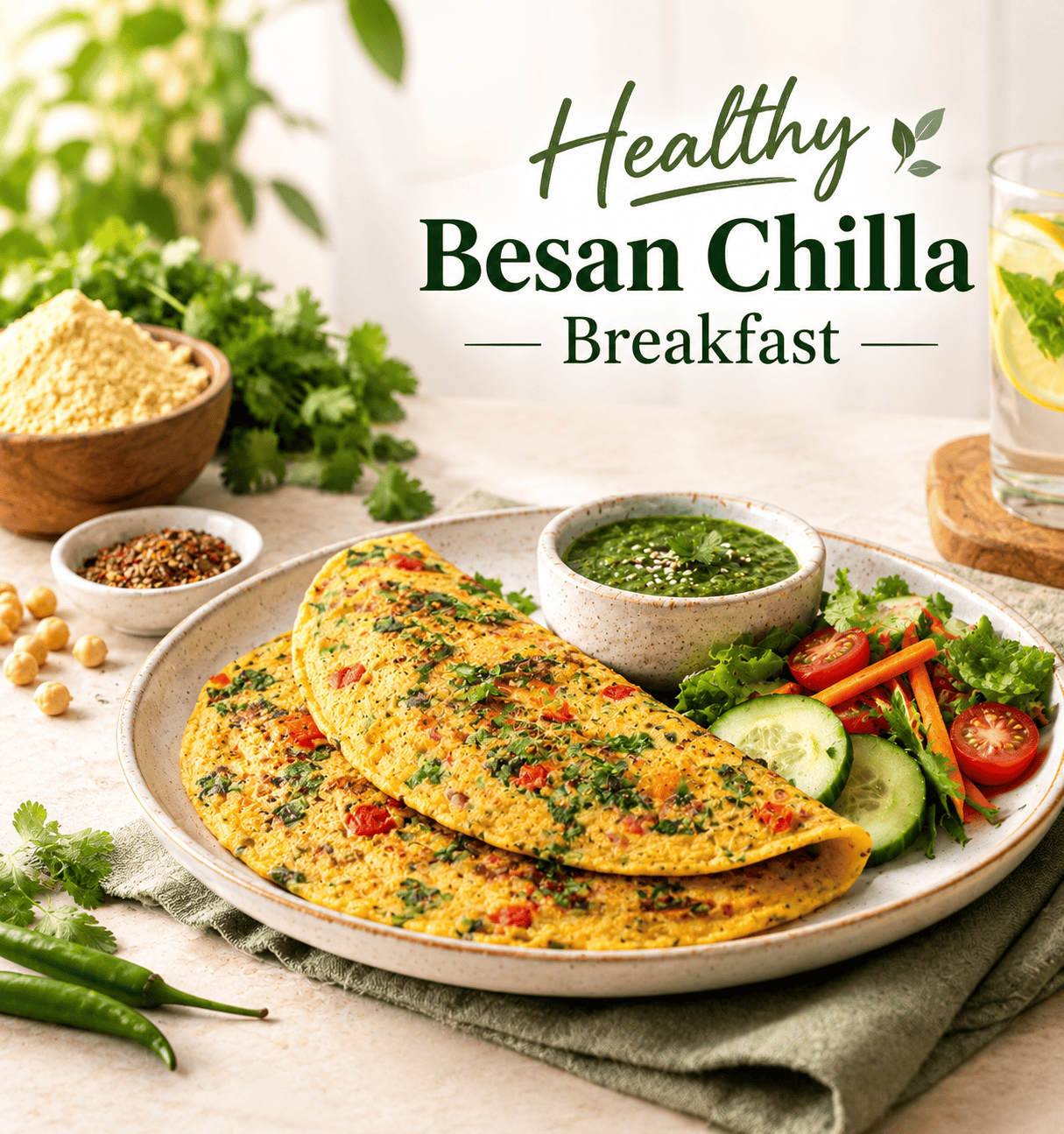 Besan chilla with fresh vegetables served with yogurt