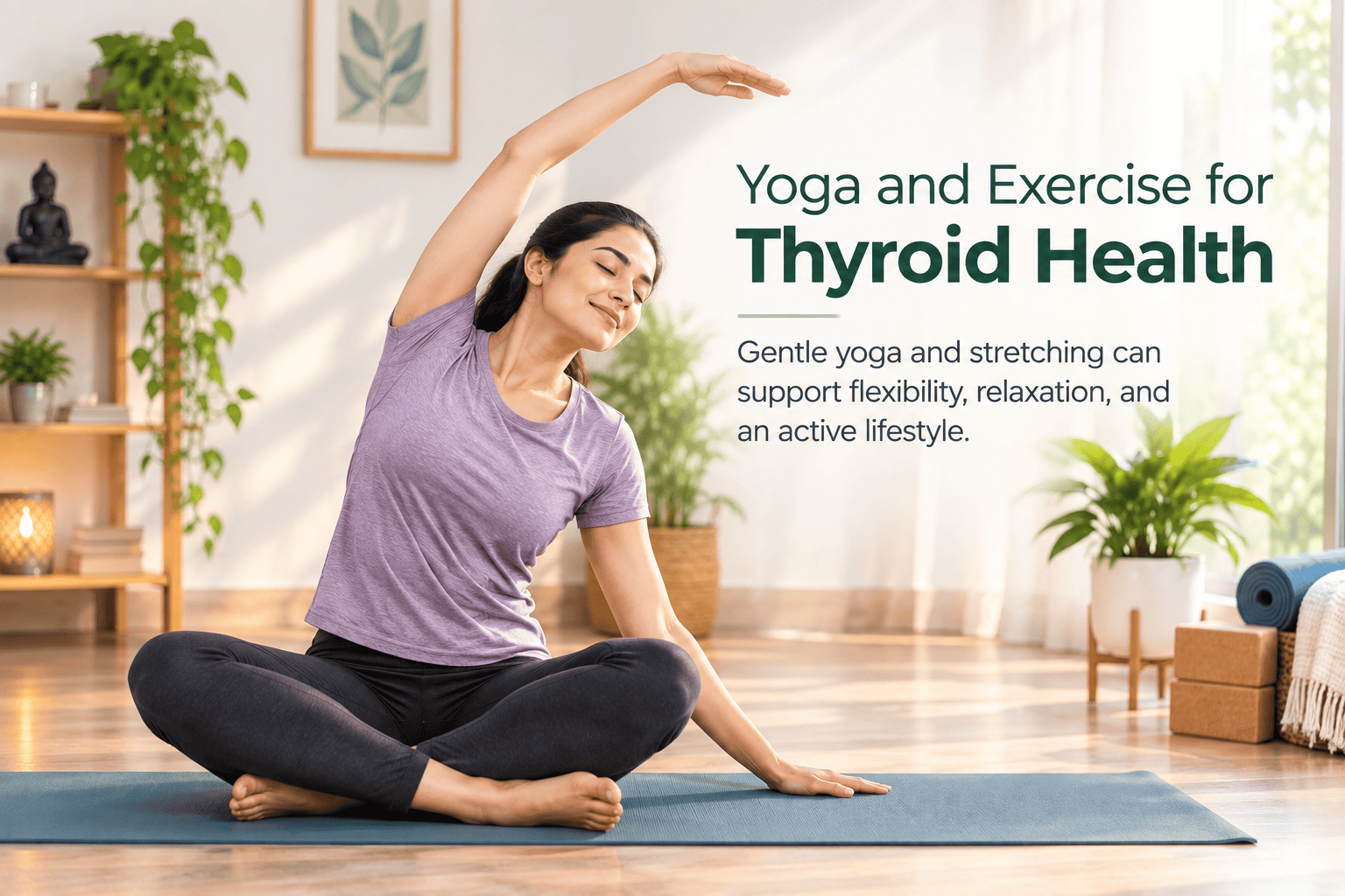 Woman practicing gentle yoga for thyroid-related weight management