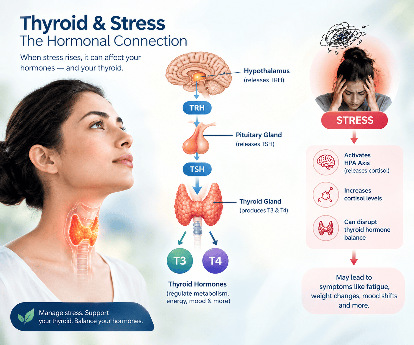 Thyroid and stress connection showing the thyroid gland and hormonal health