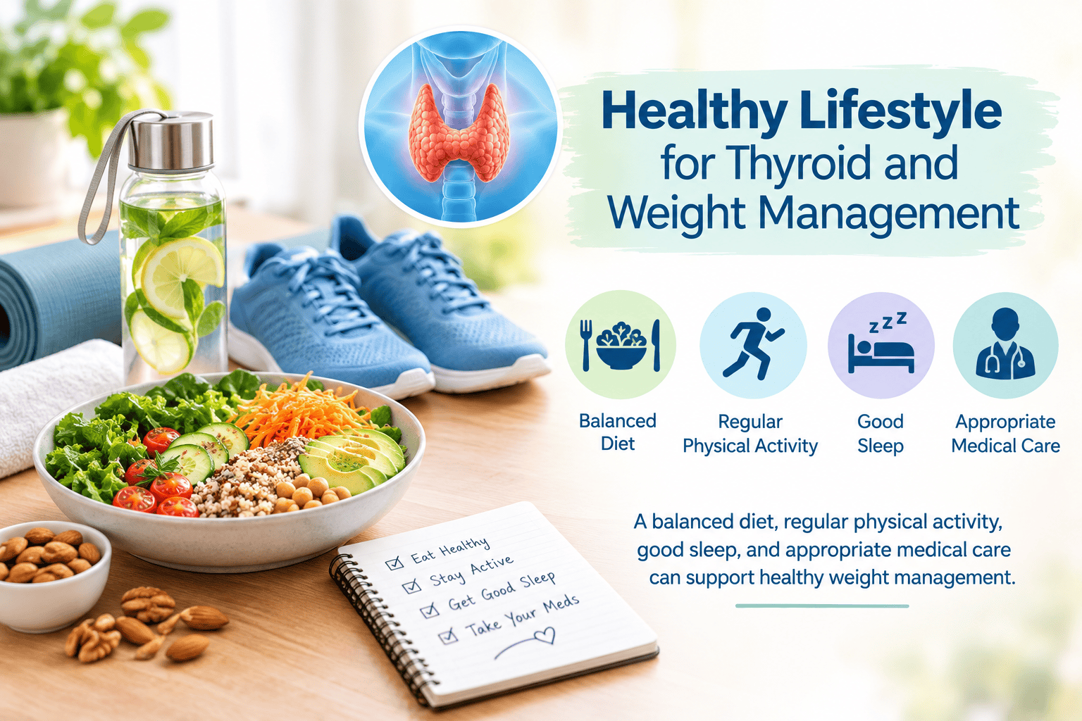 Healthy meal, walking shoes, and water representing lifestyle habits for managing thyroid-related weight gain