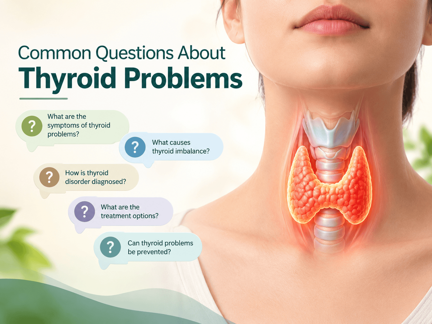 Medical illustration showing the thyroid gland in the neck related to common questions about thyroid problems