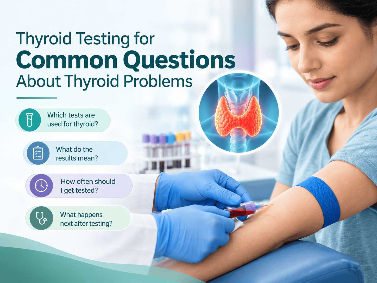 Person having a blood test to evaluate thyroid function and investigate common questions about thyroid problems