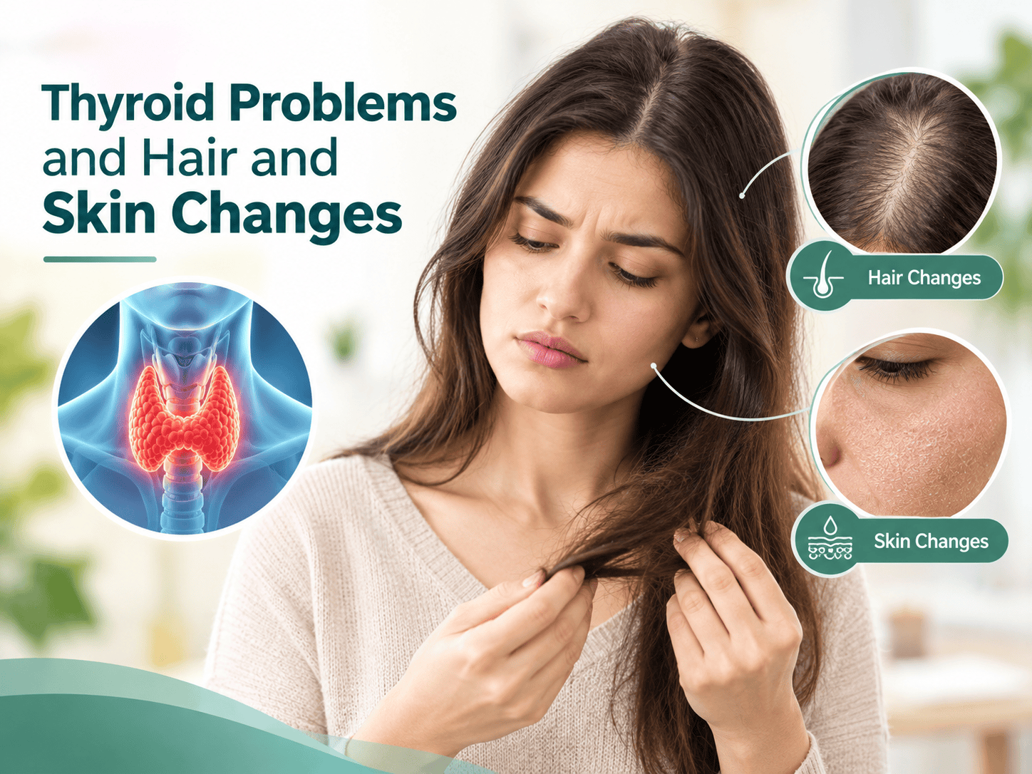 Woman experiencing hair and skin changes that may be associated with thyroid problems