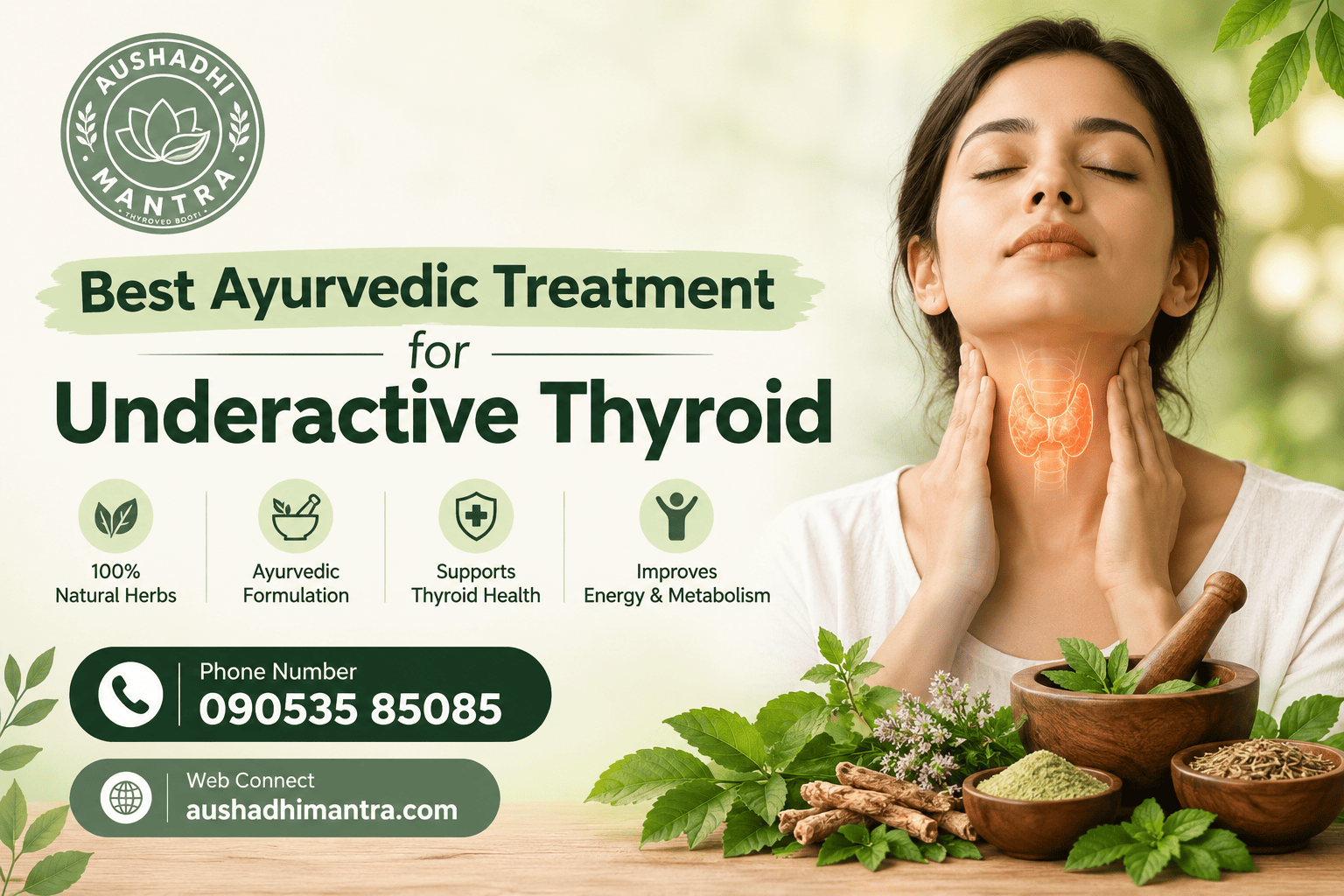 Best Ayurvedic treatment for underactive thyroid with Aushadhi Mantra logo and Ayurvedic herbs for thyroid health