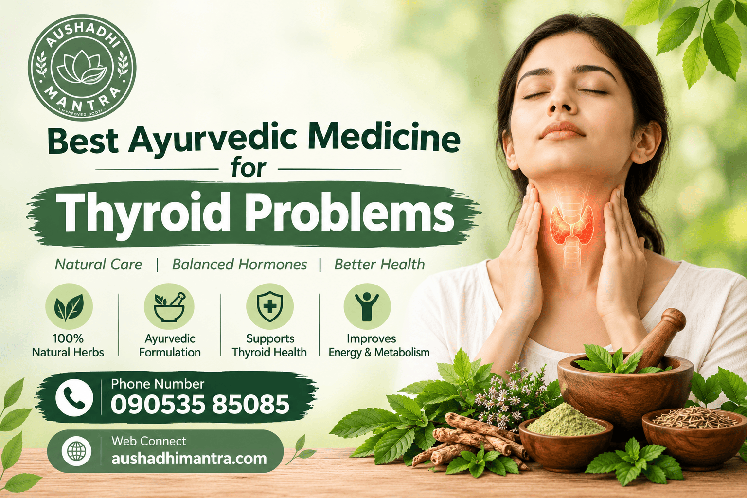 Best Ayurvedic Medicine for Thyroid Problems with Aushadhi Mantra logo, Ayurvedic herbs, and thyroid health illustration.