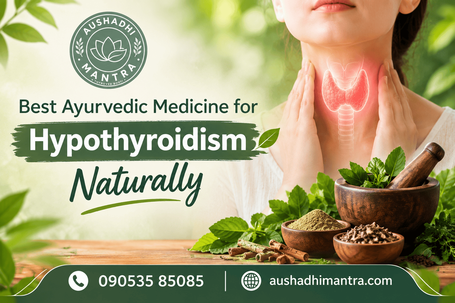 Best Ayurvedic medicine for hypothyroidism naturally with Aushadhi Mantra herbal wellness theme and thyroid health illustration