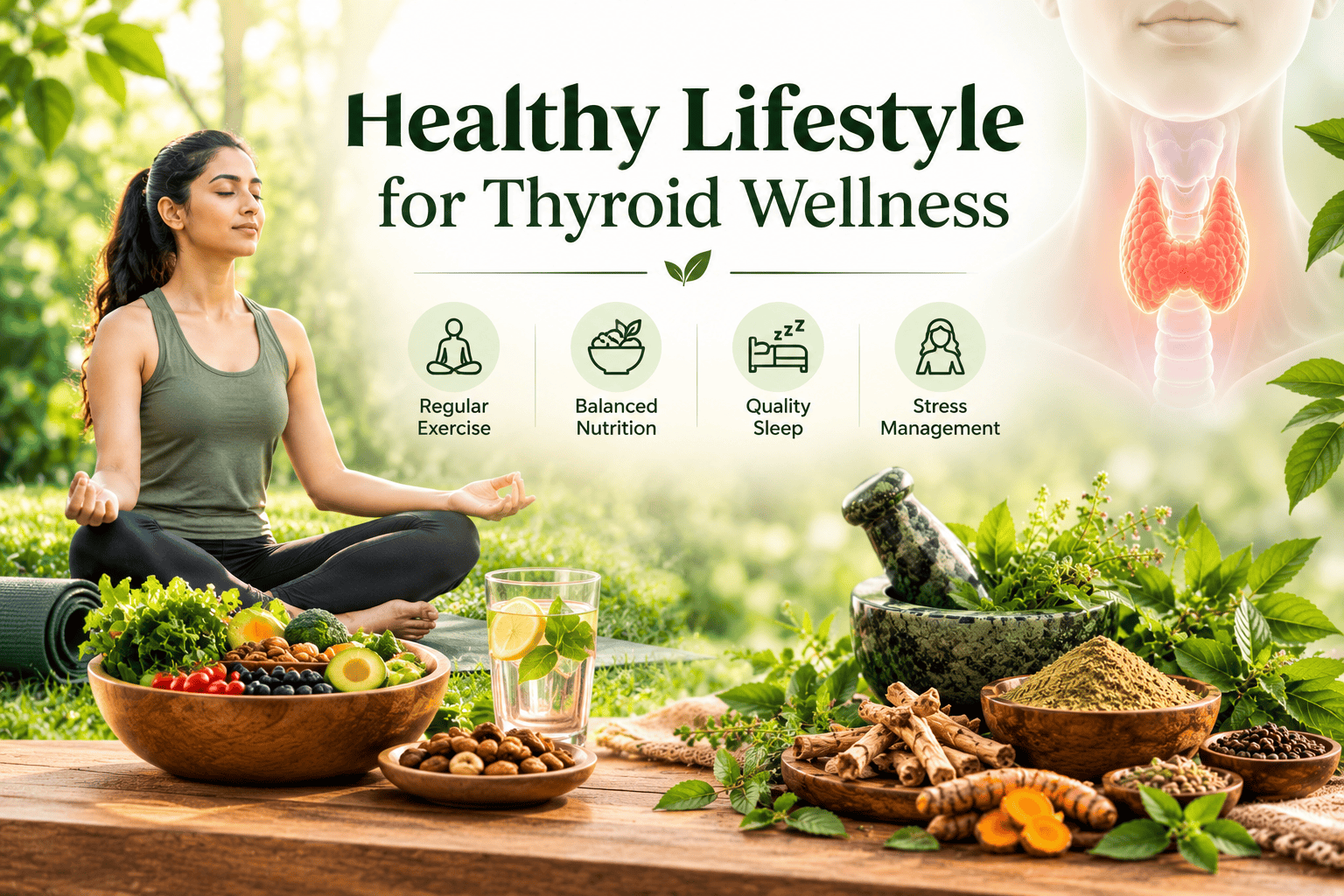 Healthy lifestyle habits including balanced nutrition and yoga for thyroid health