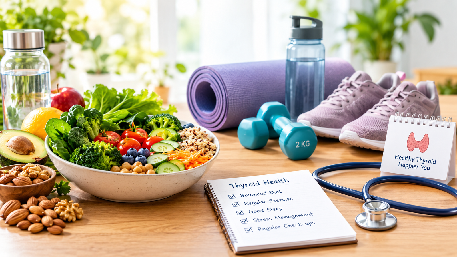 Healthy lifestyle habits for thyroid health including balanced diet and regular exercise